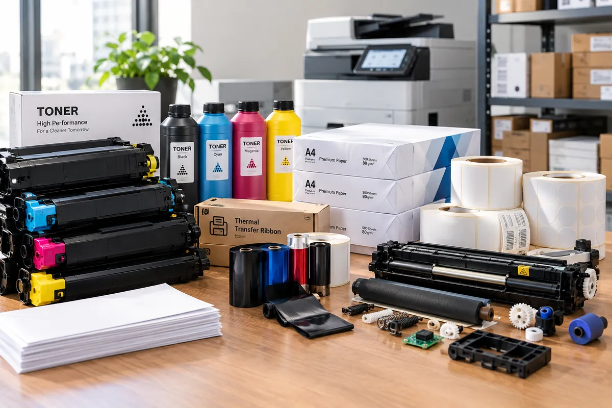 Toner cartridges and label stock on shelf